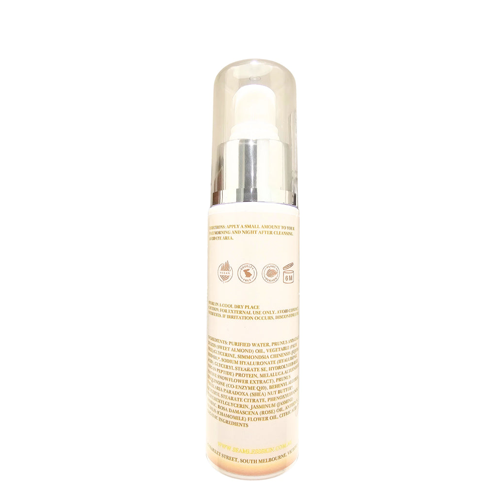 Back of Age-Defying Cream bottle with pump dispenser on a white background