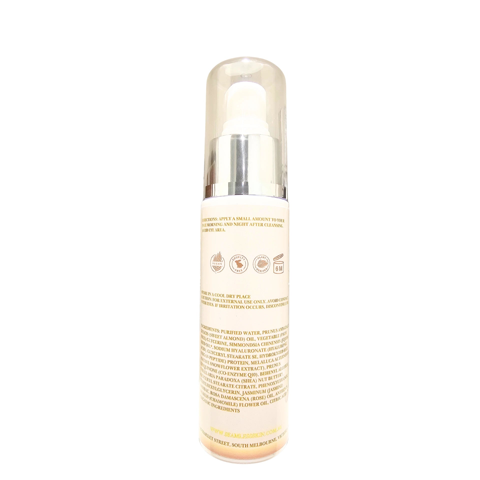 Back of Age-Defying Cream bottle with pump dispenser on a white background