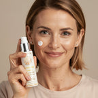 Woman holding a bottle of the Age-Defying Cream with a dab of the cream on her face.