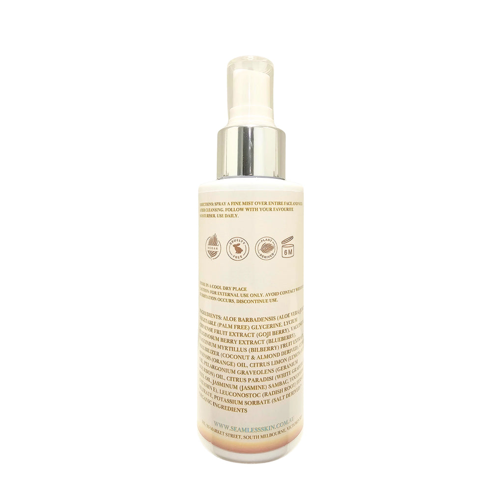 Back of Age-Defying Mist Bottle with label on a white background