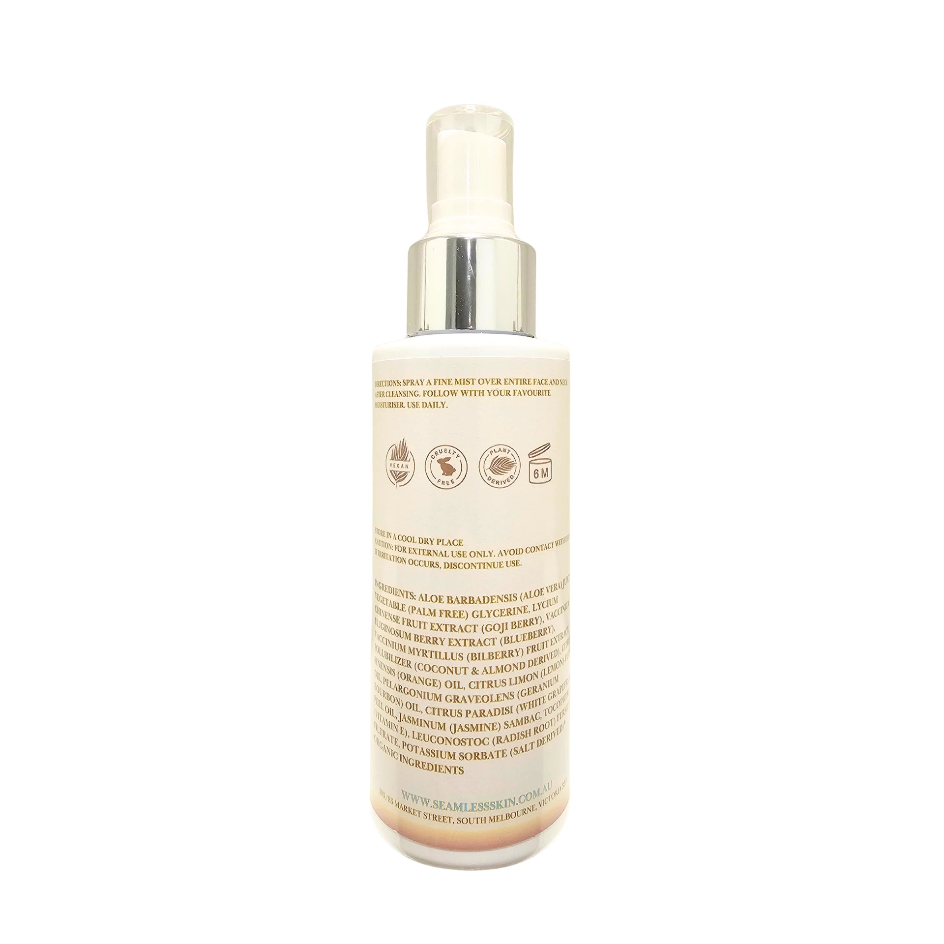 Back of Age-Defying Mist Bottle with label on a white background