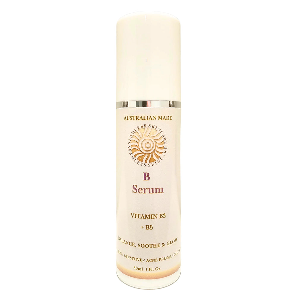 Skincare serum pump labeled 'B Serum' on a white background