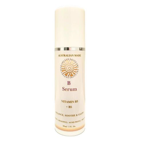 Skincare serum pump labeled 'B Serum' on a white background