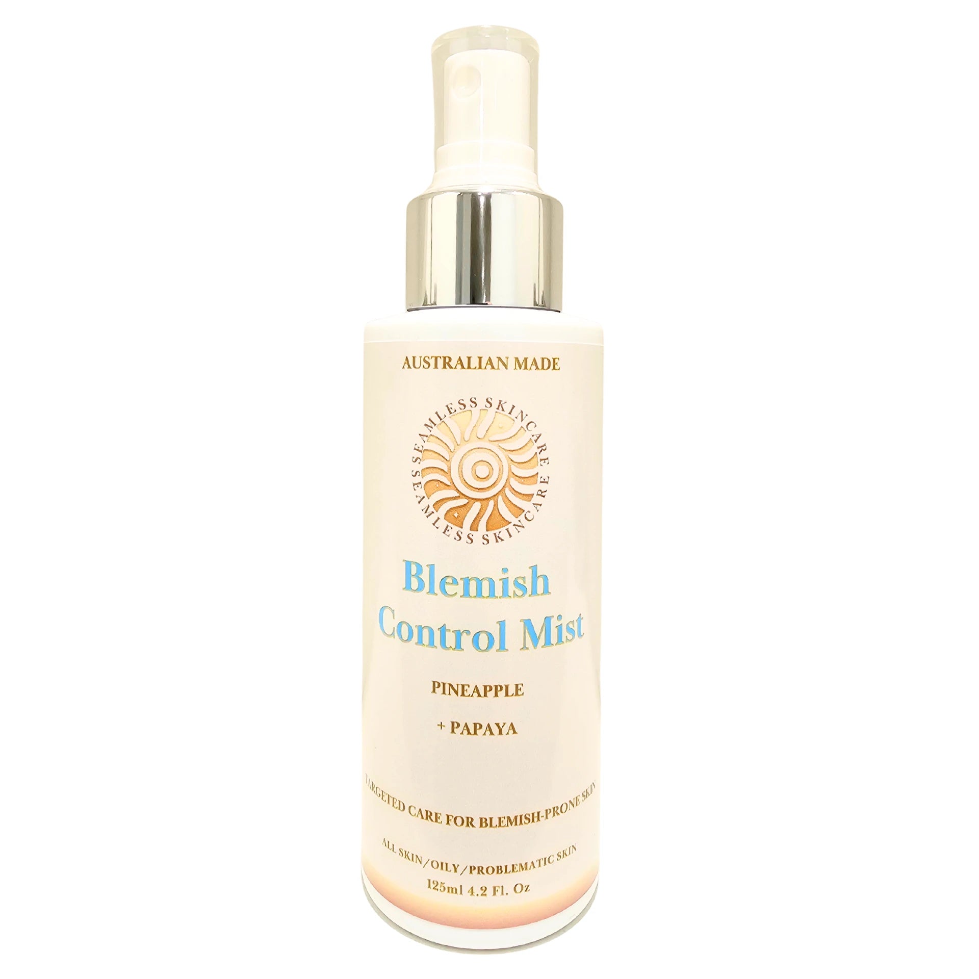 Blemish control mist bottle with pineapple and papaya ingredients on a white background