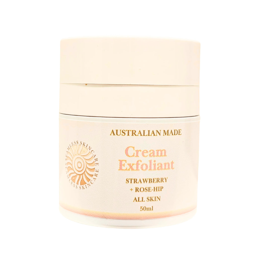 Cream Exfoliant pump with 'Australian Made' text on a white background