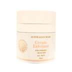 Cream Exfoliant pump with 'Australian Made' text on a white background