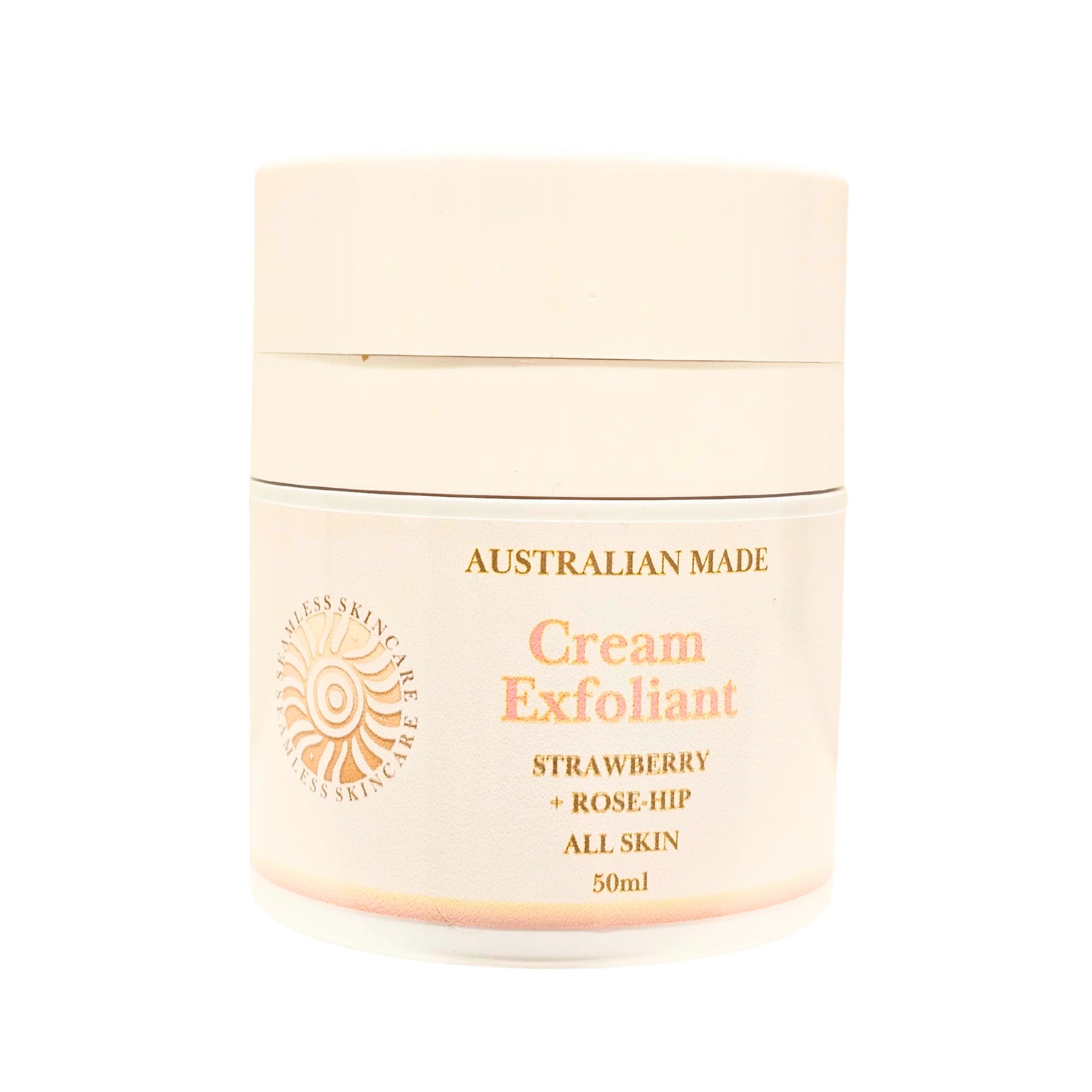 Cream Exfoliant pump with 'Australian Made' text on a white background