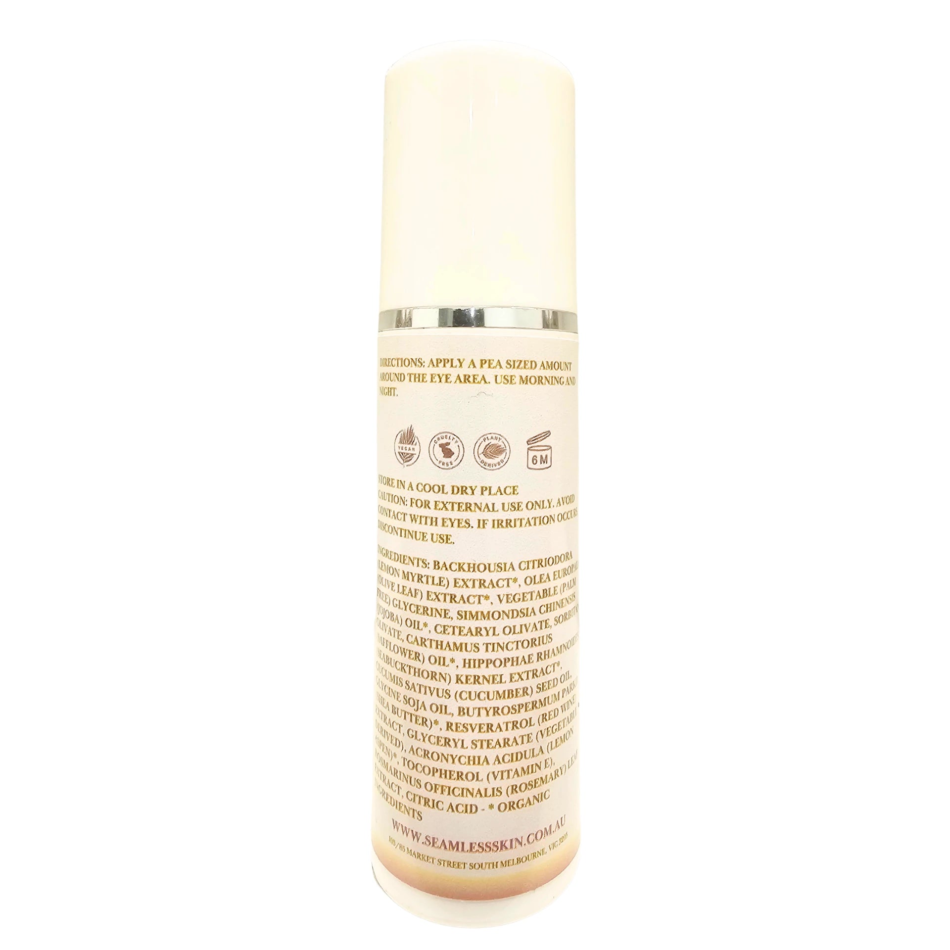 Back vie of Eye Cream Pump with label on a white background