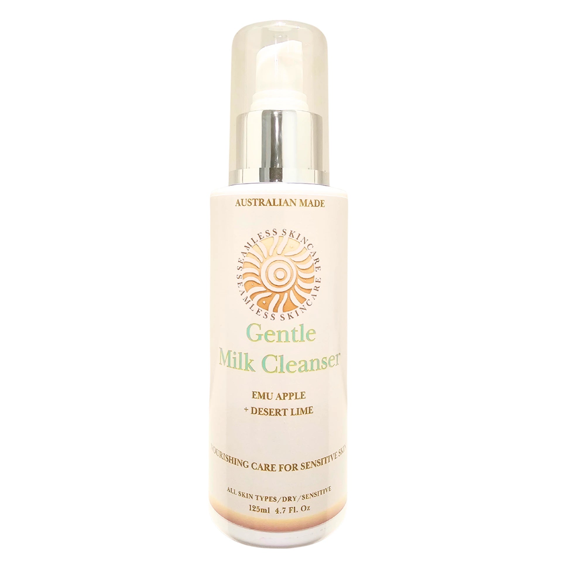 Bottle of Gentle Milk Cleanser with emu apple and desert lime on a white background