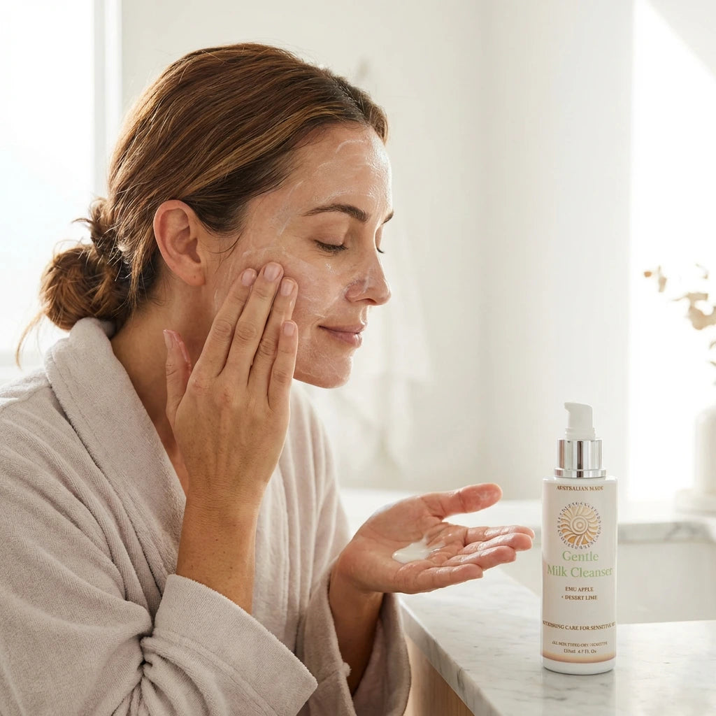Woman applying gentle milk cleanser to her face from seamless skincare