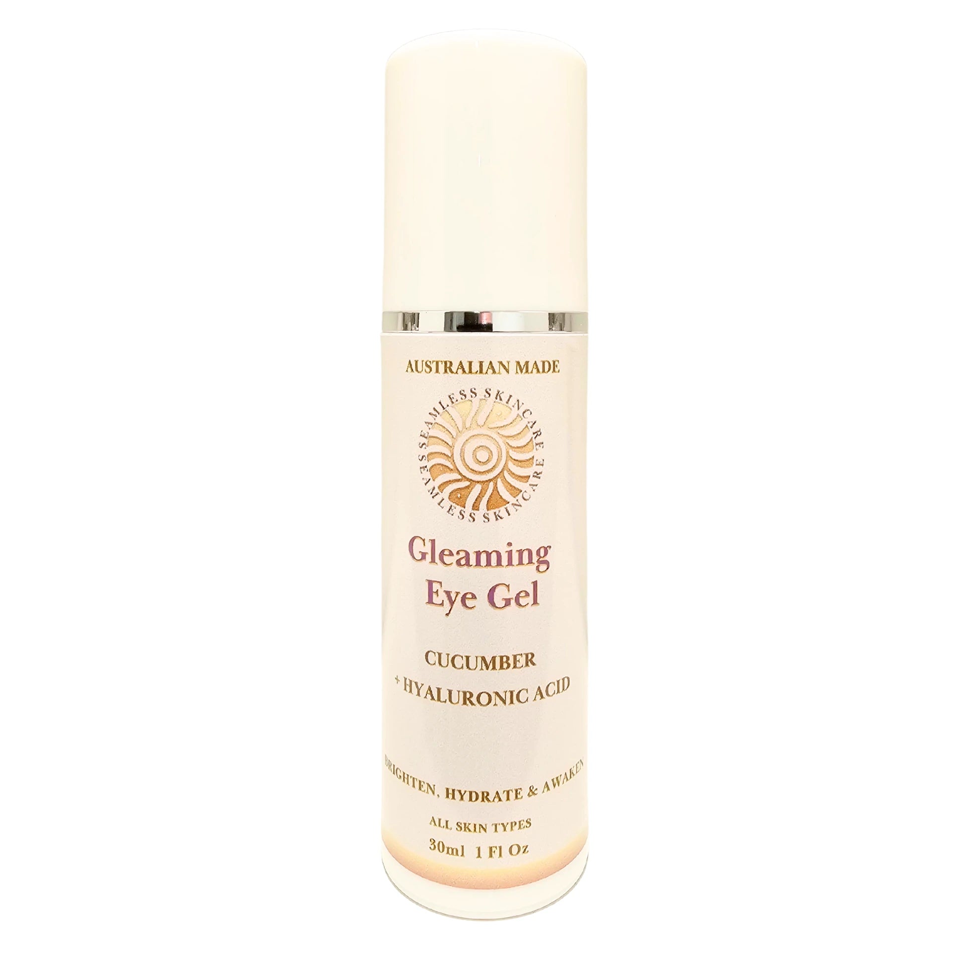 Gleaming Eye Gel bottle with cucumber and hyaluronic acid on a white background
