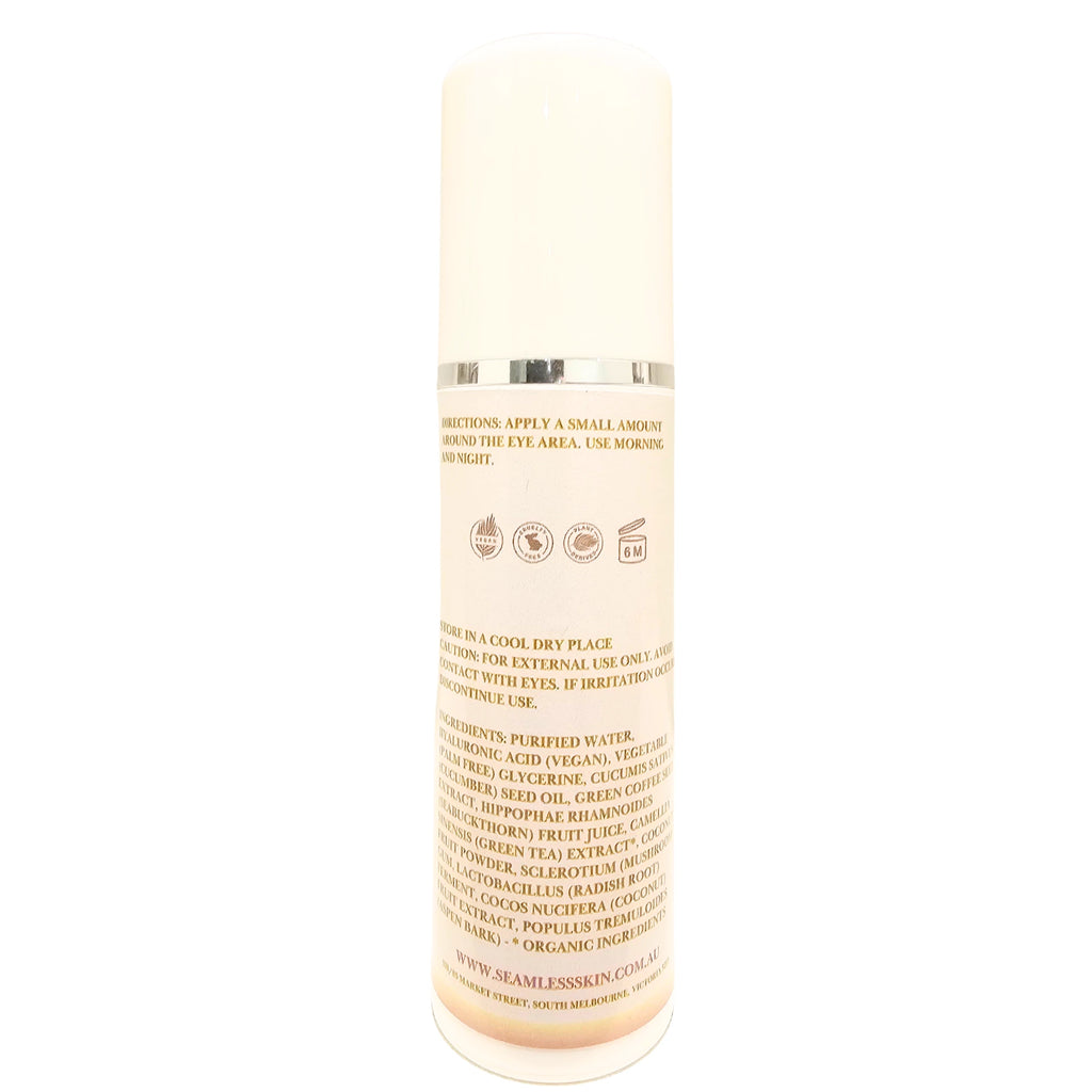 Back of Gleaming Eye Gel Pump with label on a white background