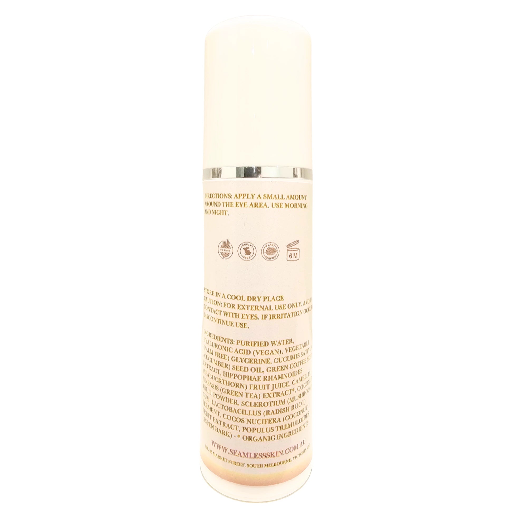 Back of Gleaming Eye Gel Pump with label on a white background
