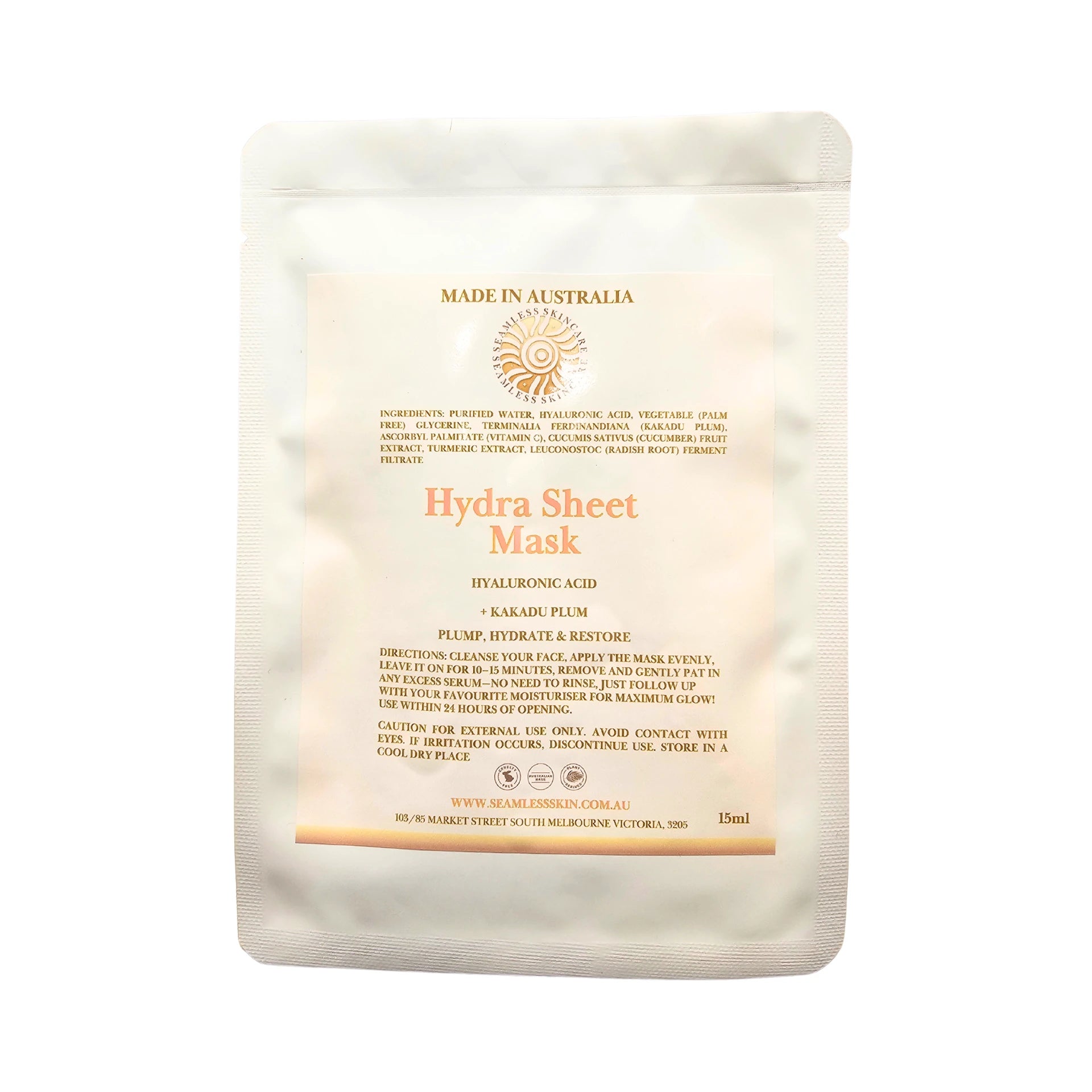 Hydra sheet mask packaging with text on a white background