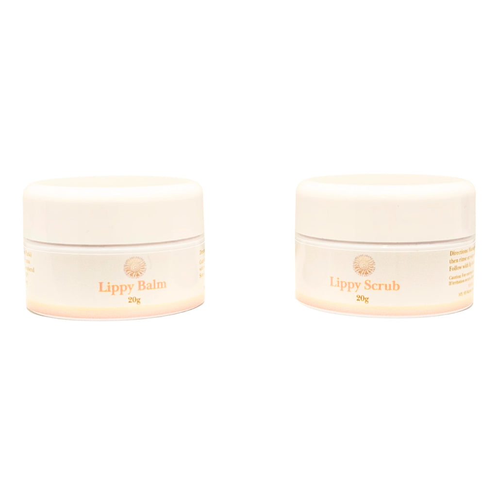 Two lip care products, 'Lippy Balm' and 'Lippy Scrub', on a white background.
