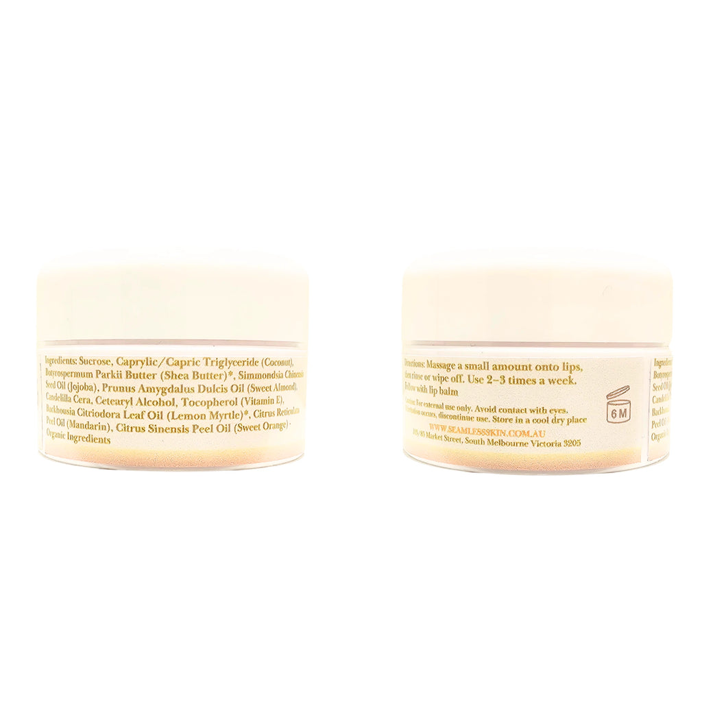Two jars of lippy balm with ingredient lists on a white background