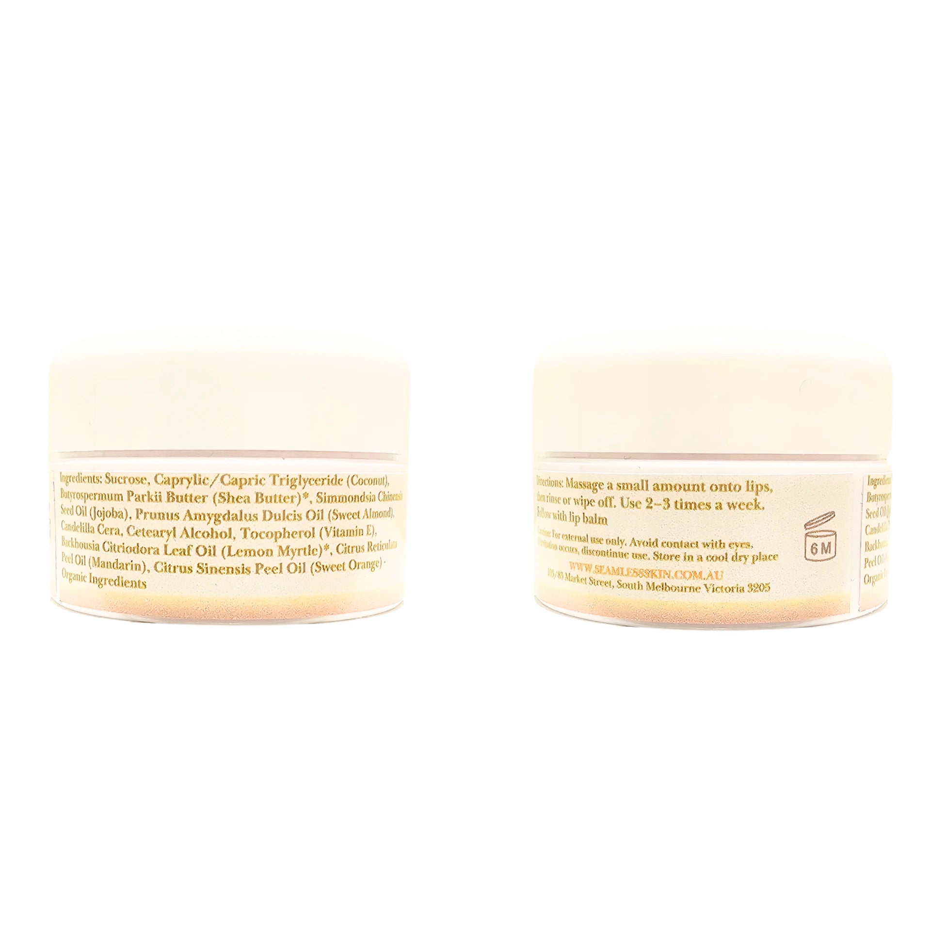 Two jars of lippy balm with ingredient lists on a white background