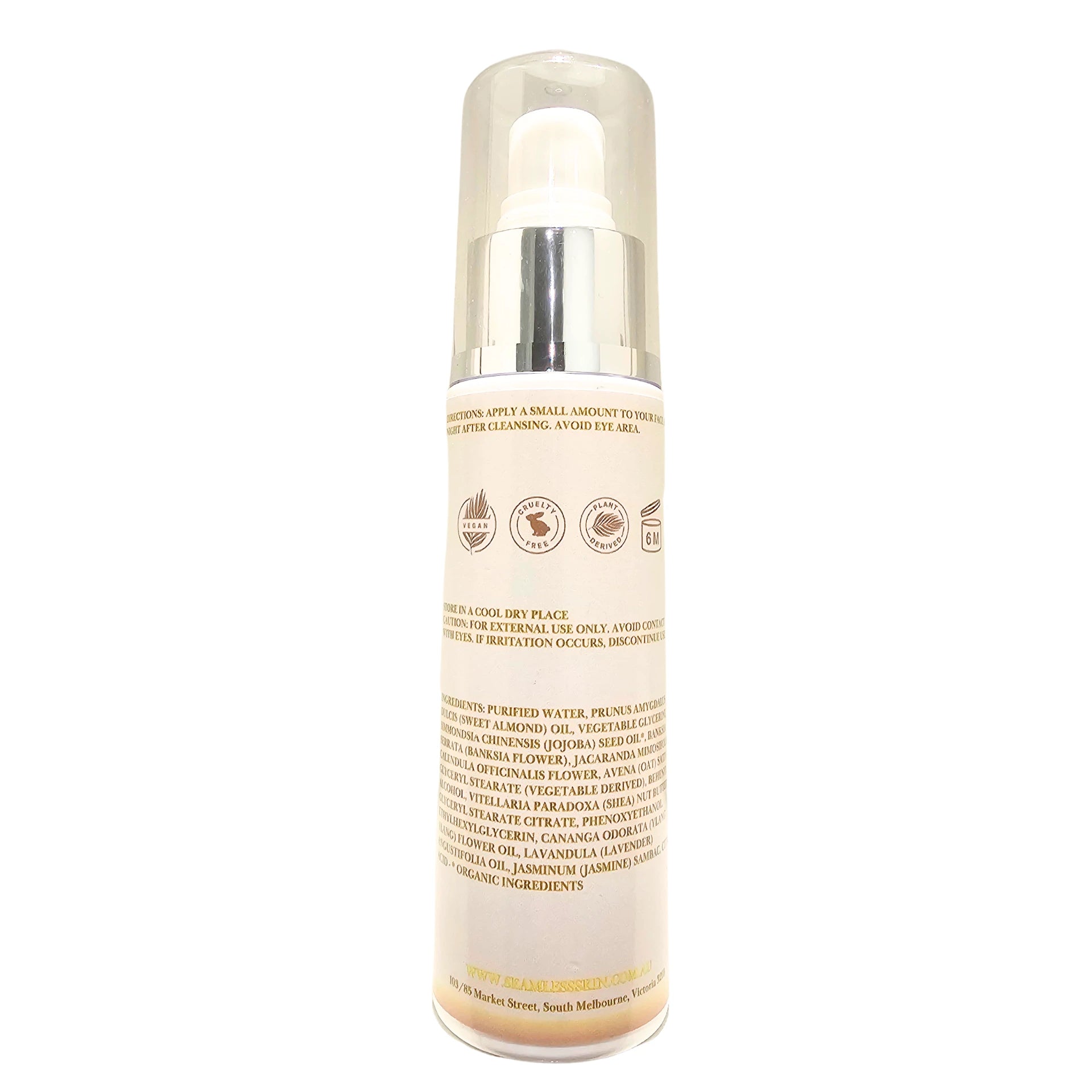 Back of Night Radiance Cream bottle with label on a white background