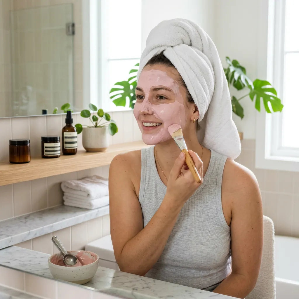 Woman applying facial mask with brush in a bathroom setting