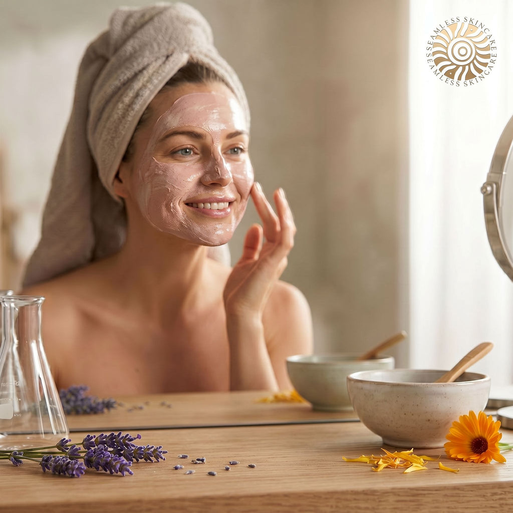 Woman applying facial mask with a towel on head, surrounded by flowers and bowls on a wooden table.