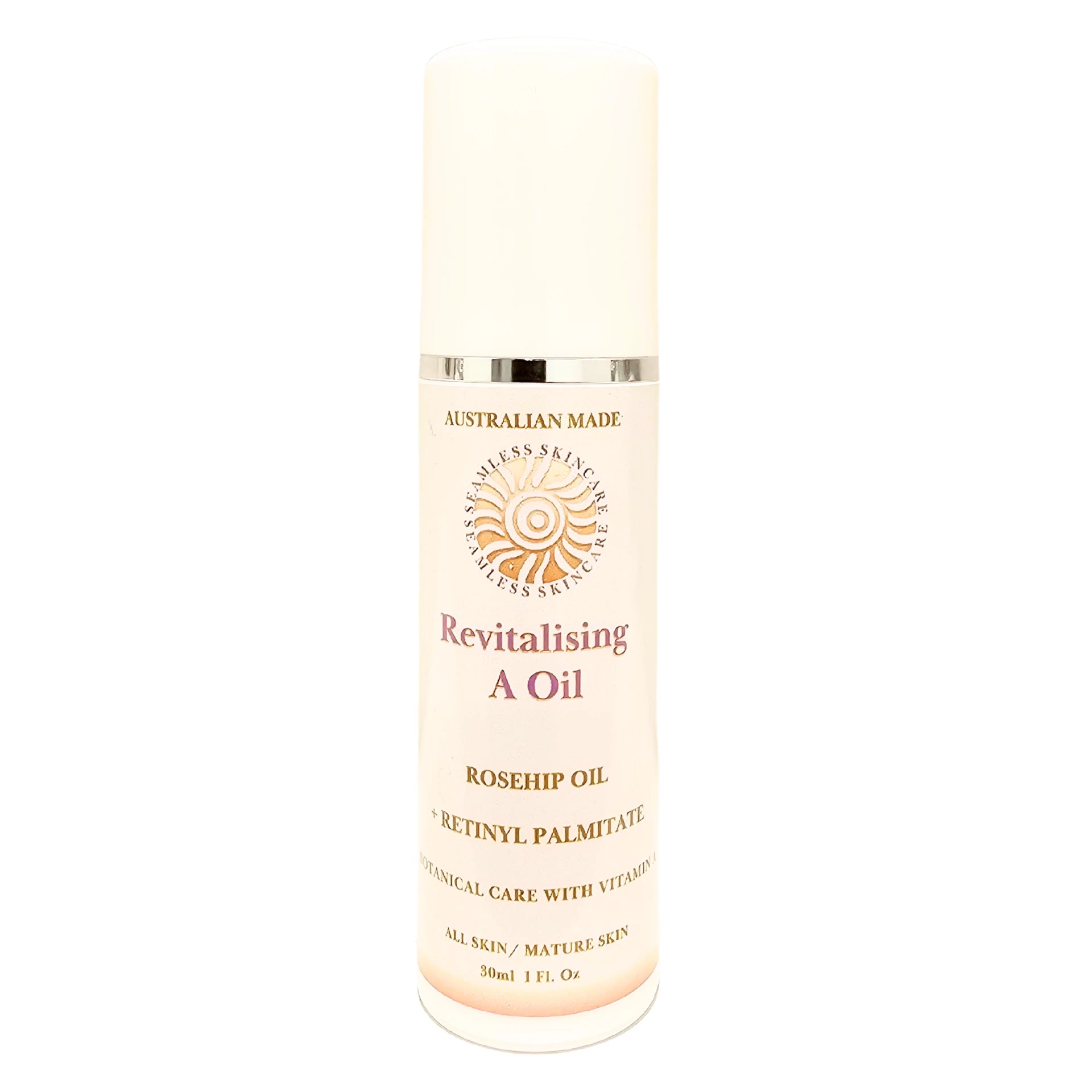 Skincare pump labeled 'Revitalising A Oil' on a white background