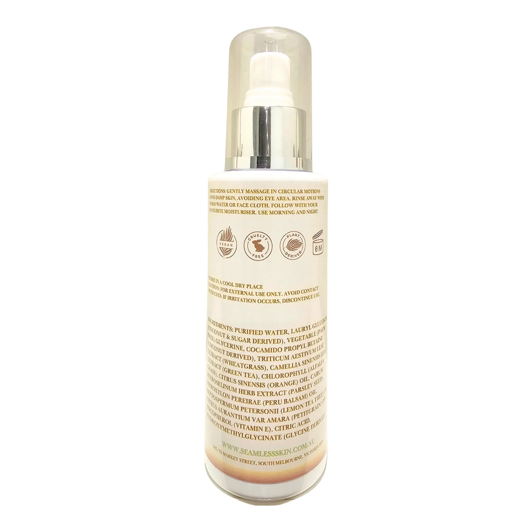 Back of Revitalising Gel Cleanser bottle with branding on a white background