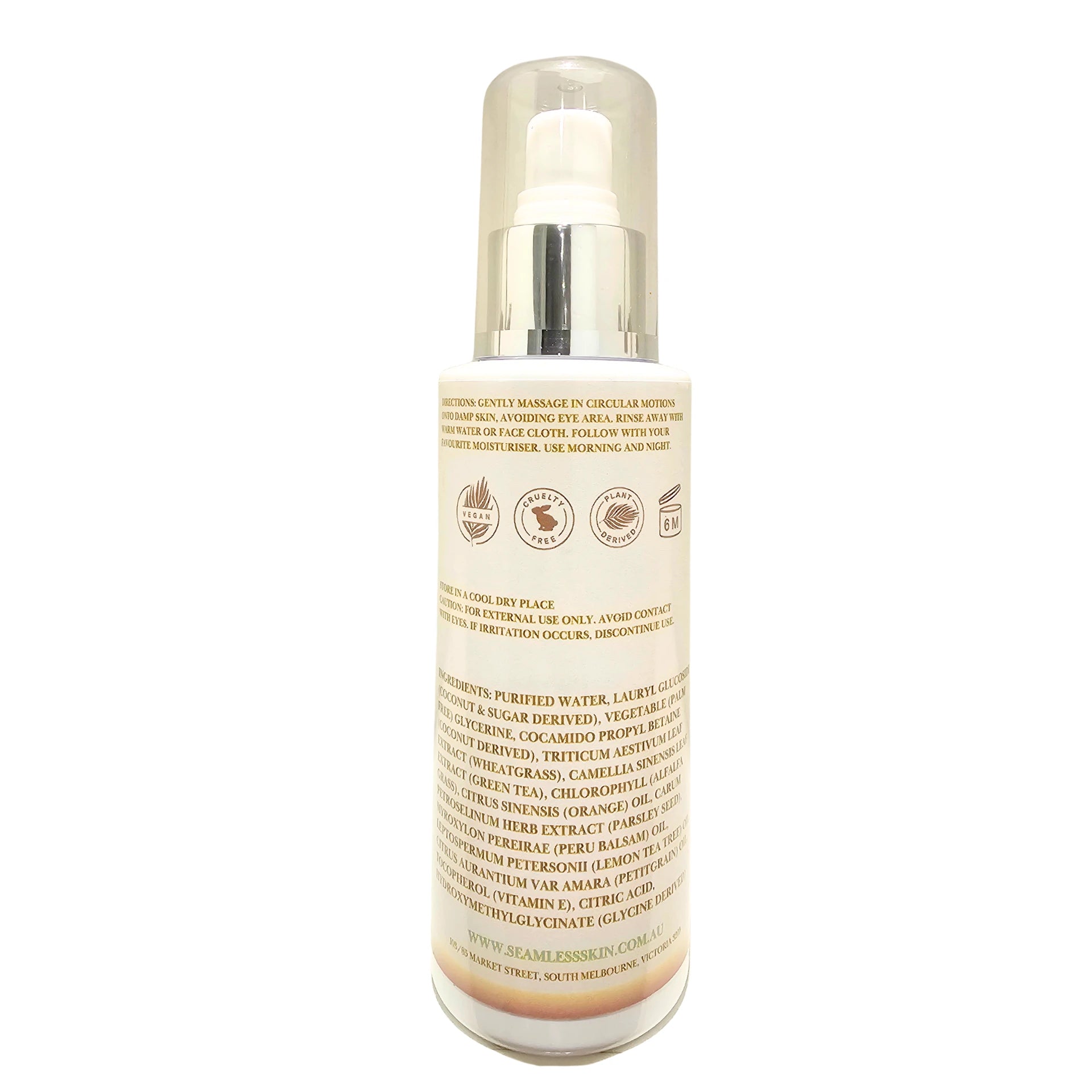 Back of Revitalising Gel Cleanser bottle with branding on a white background
