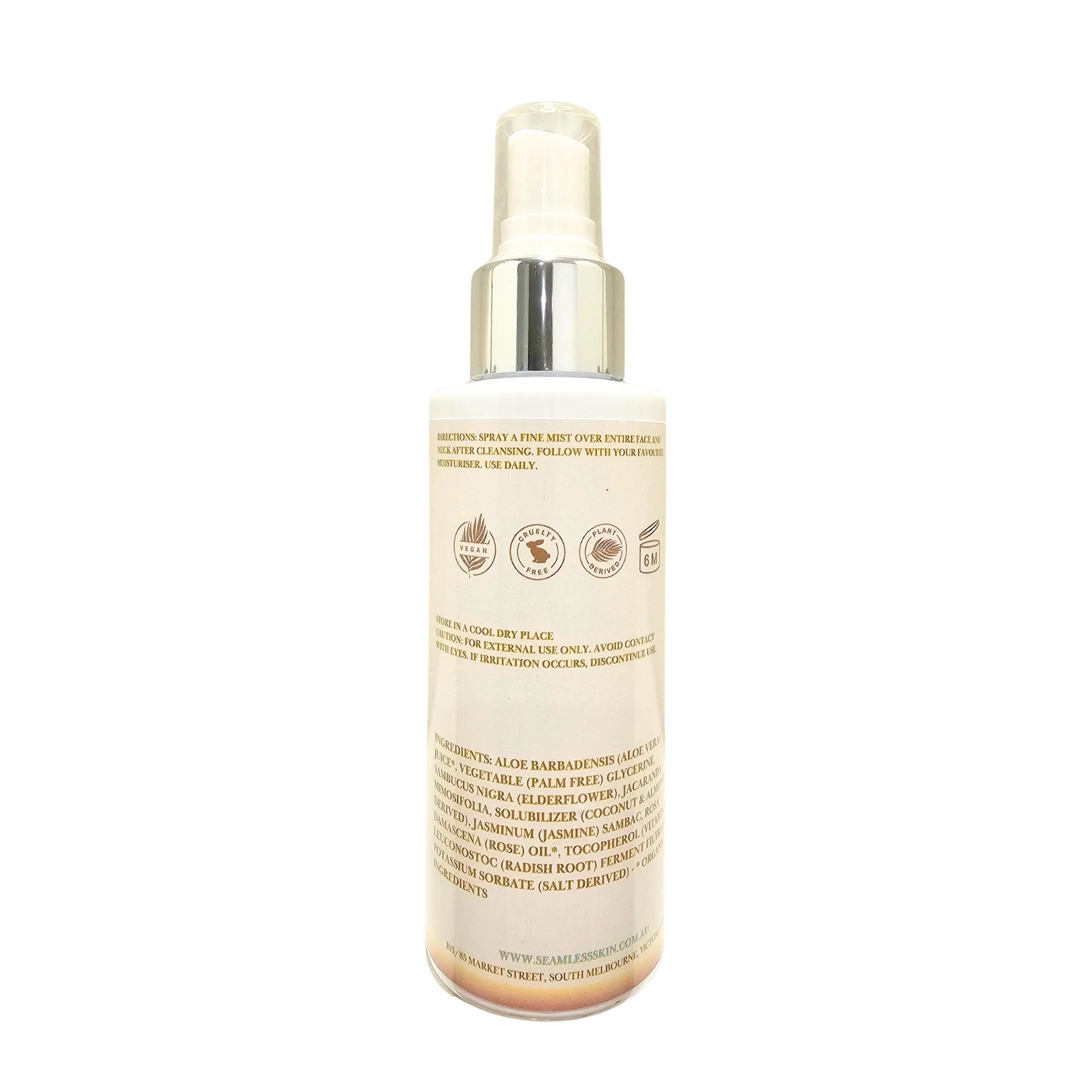 Back of Serenity Skin Mist bottle with silver cap on a white background