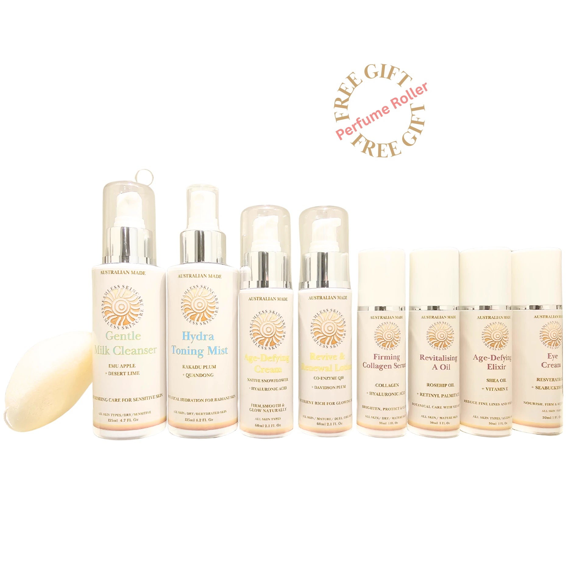 Set of skincare products with free gift offer on a white background