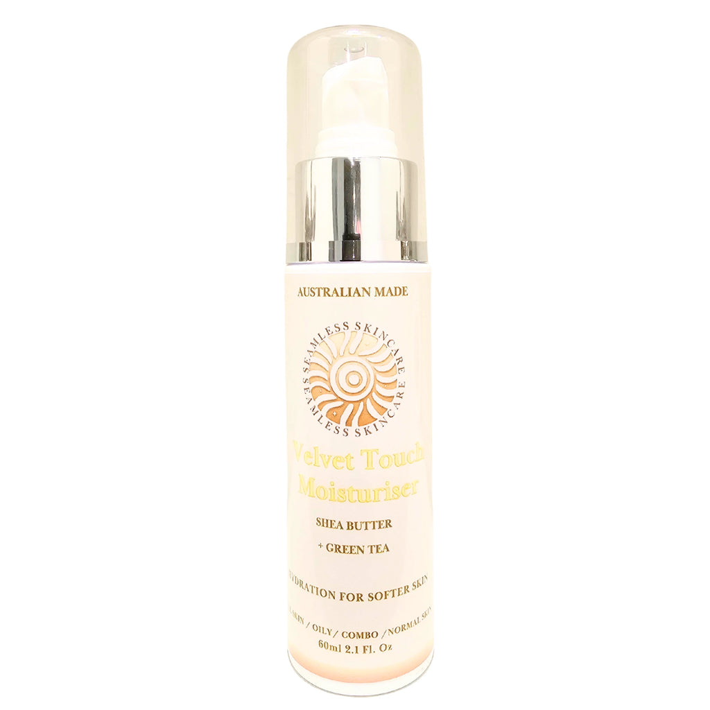 Velvet Touch Moisturiser bottle with silver cap and label on a white background