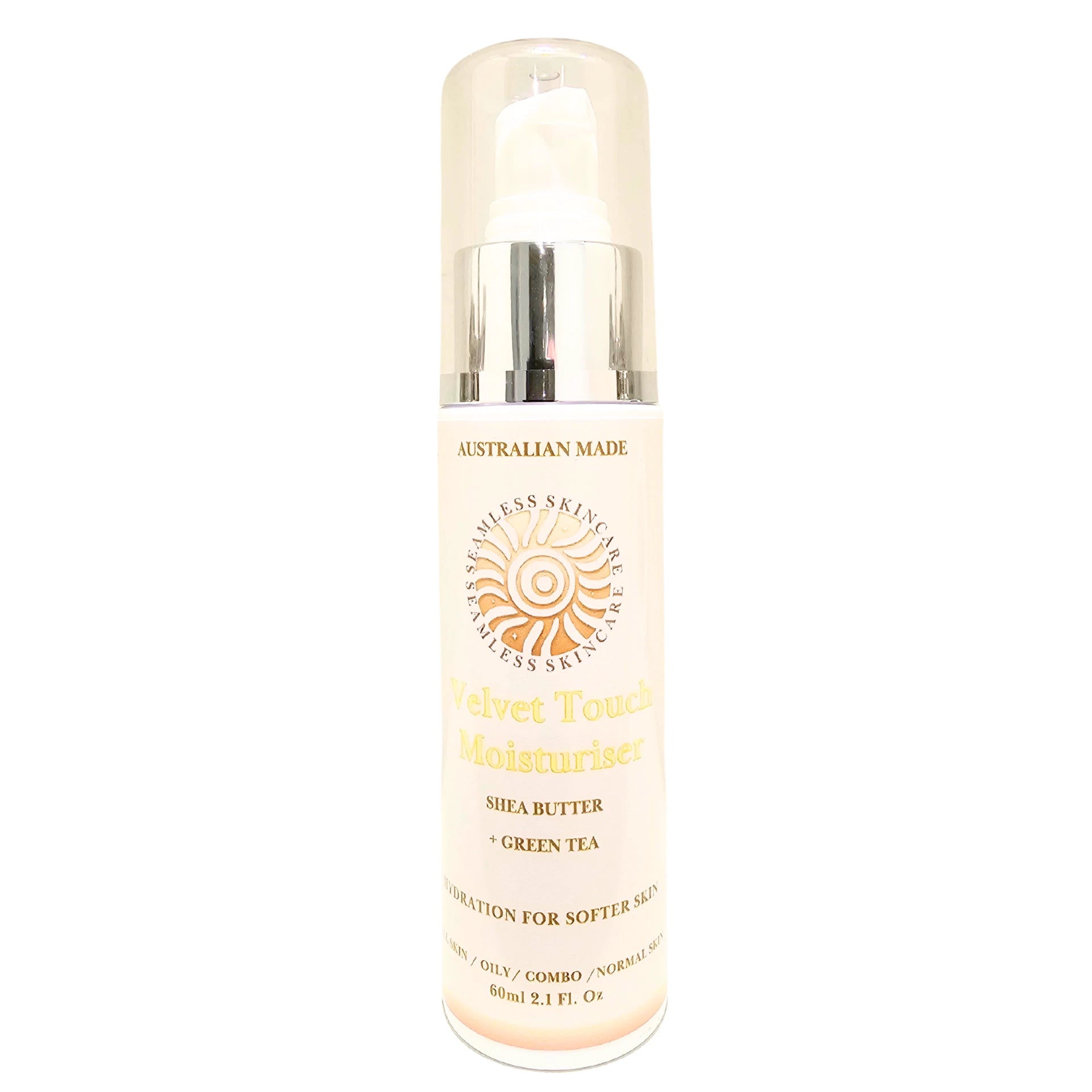 Velvet Touch Moisturiser bottle with silver cap and label on a white background