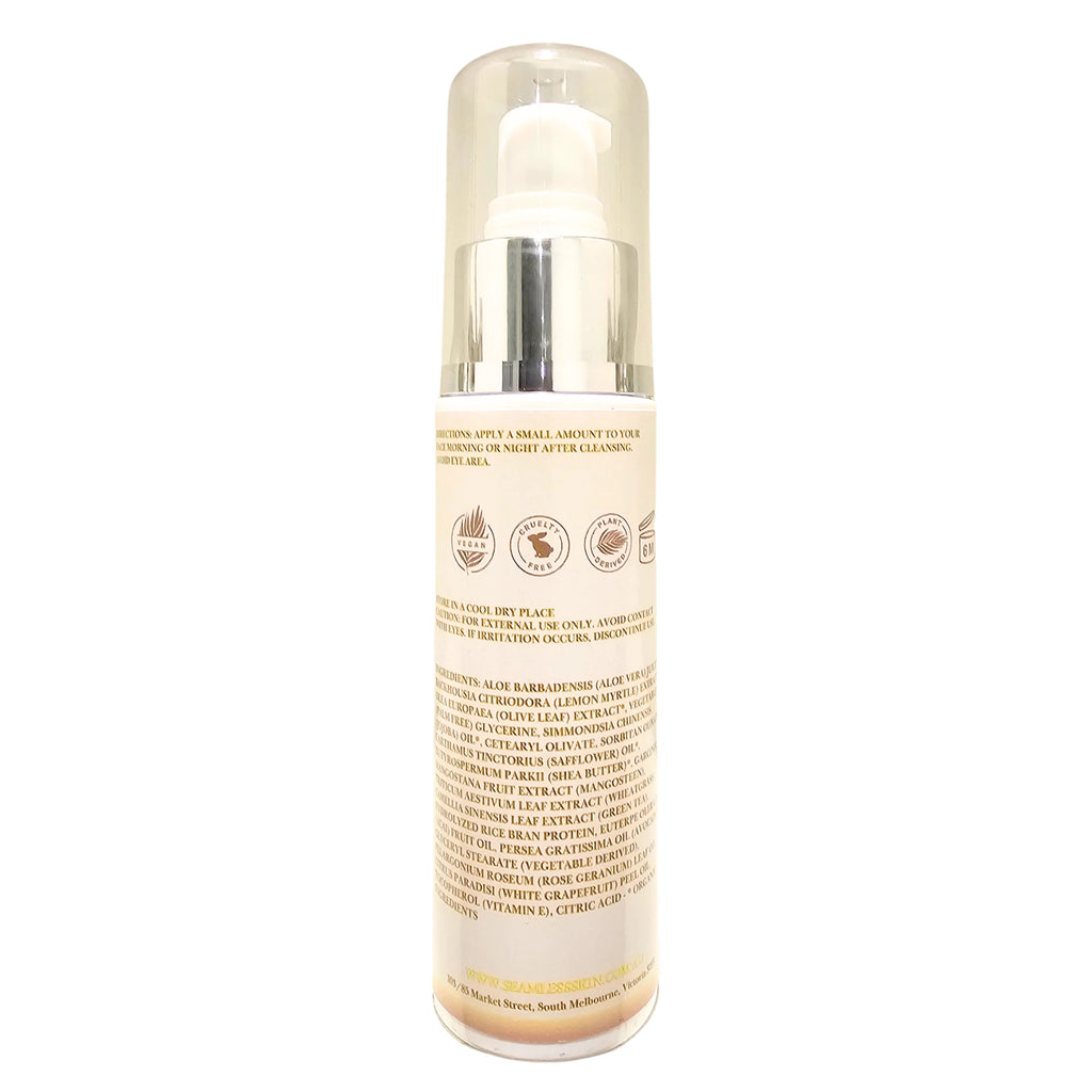 Back of Velvet Touch Moisturiser bottle with silver cap and label on a white background