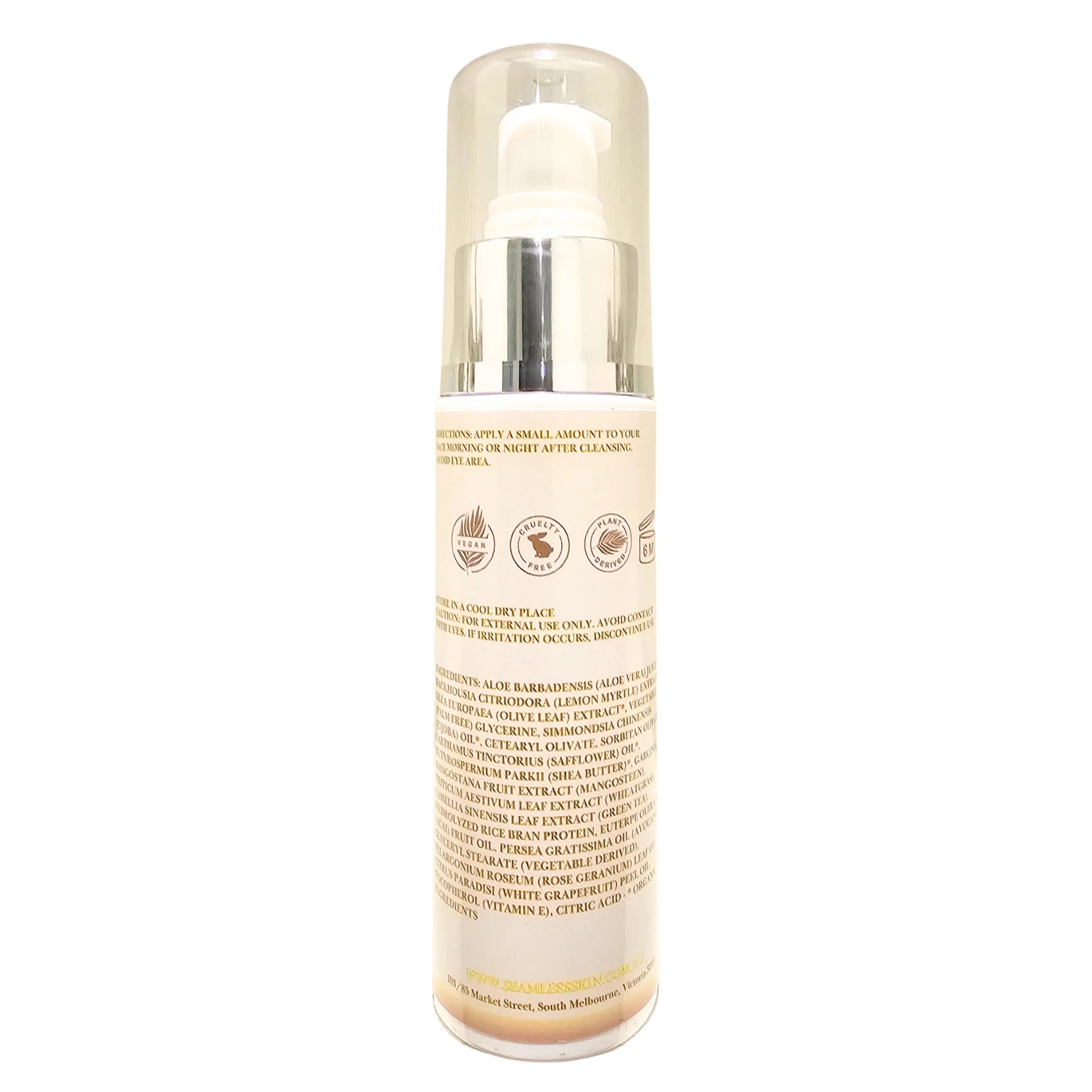 Back of Velvet Touch Moisturiser bottle with silver cap and label on a white background