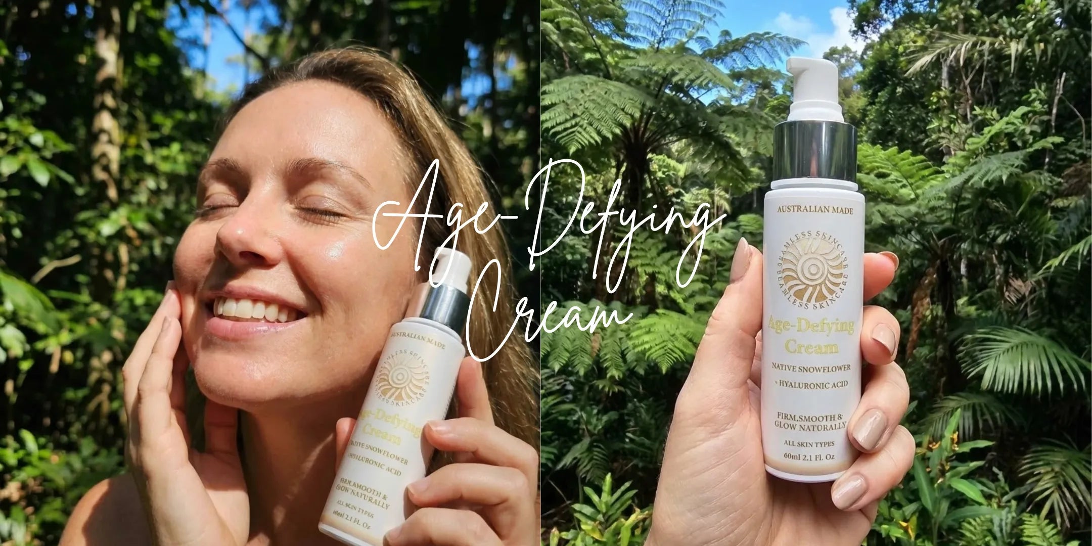 Person applying skincare cream with a bottle labeled 'Age Defying Cream' against a natural background.