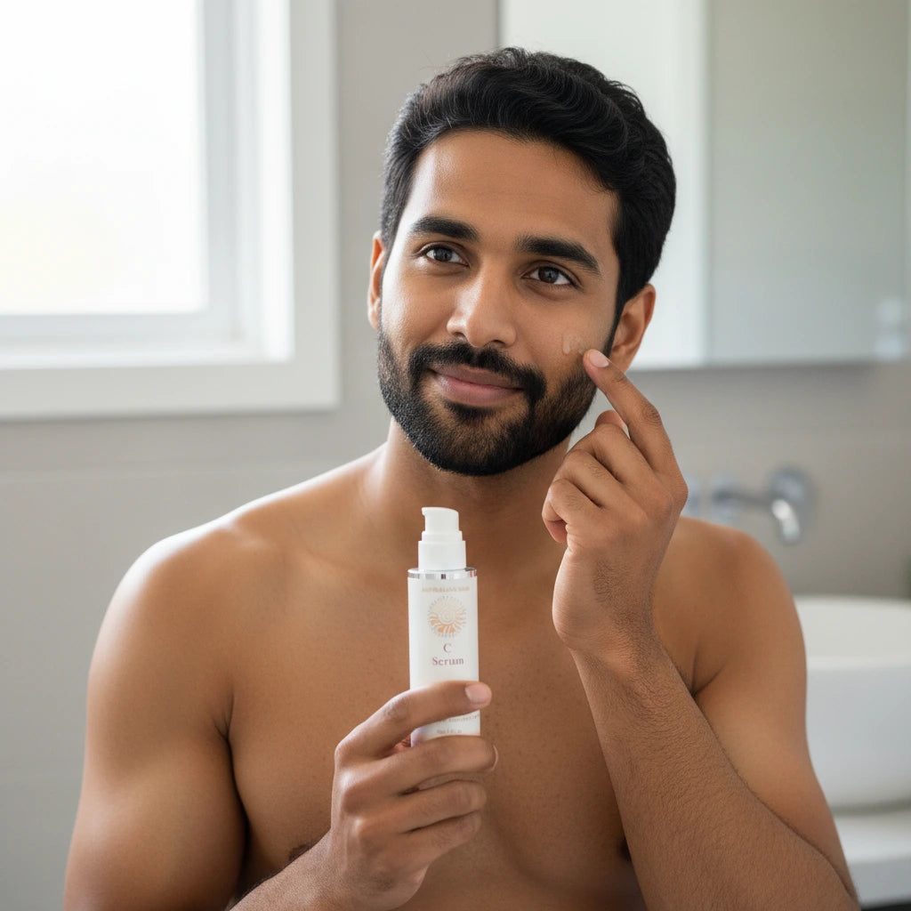 Man applying C Serum to his face in a bathroom setting