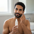 Man applying C Serum to his face in a bathroom setting