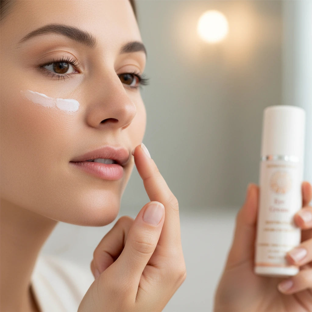 Woman applying eye Cream to her face with a close-up of her face
