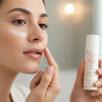 Woman applying eye Cream to her face with a close-up of her face